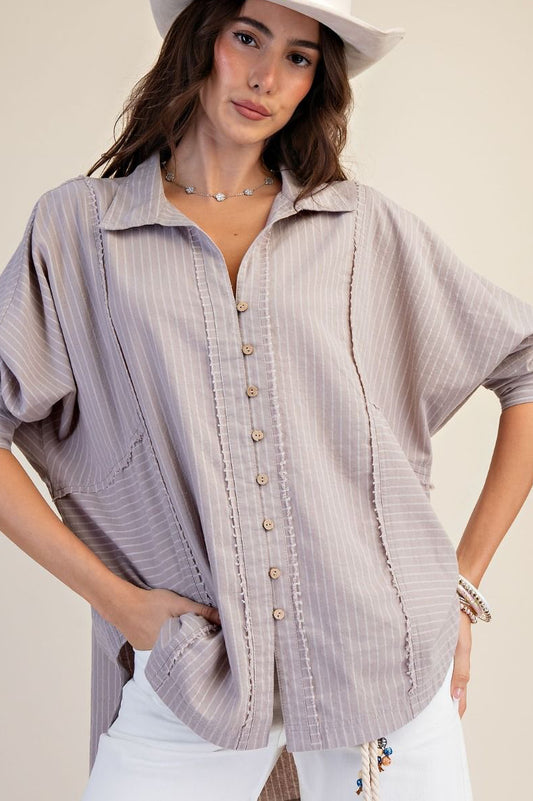 STRIPED LINEN TAUPE 3/4 SLEEVES