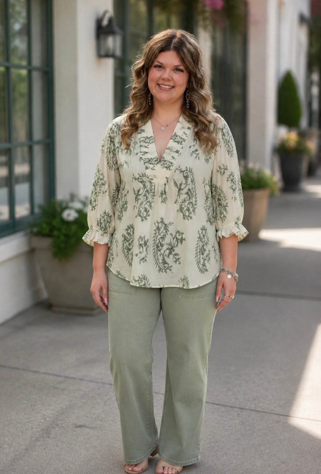 Green Paisley V Neck Top