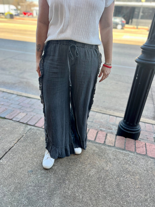 Black Mineral Washed Ruffle Pants