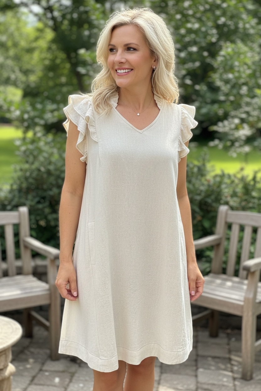 OATMEAL RUFFLE SHIFT DRESS