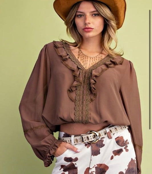 MOCHA LACE CHIFFON TOP