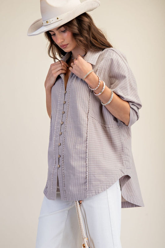 STRIPED LINEN TAUPE 3/4 SLEEVES