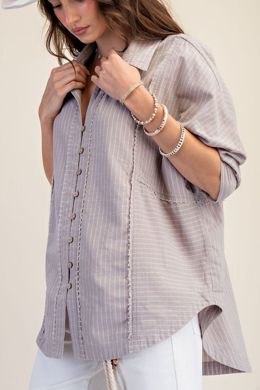 STRIPED LINEN TAUPE 3/4 SLEEVES