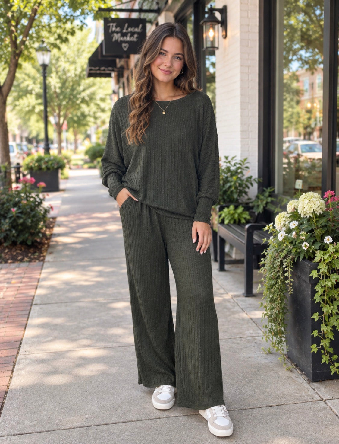 OLIVE RIBBED SET TOP