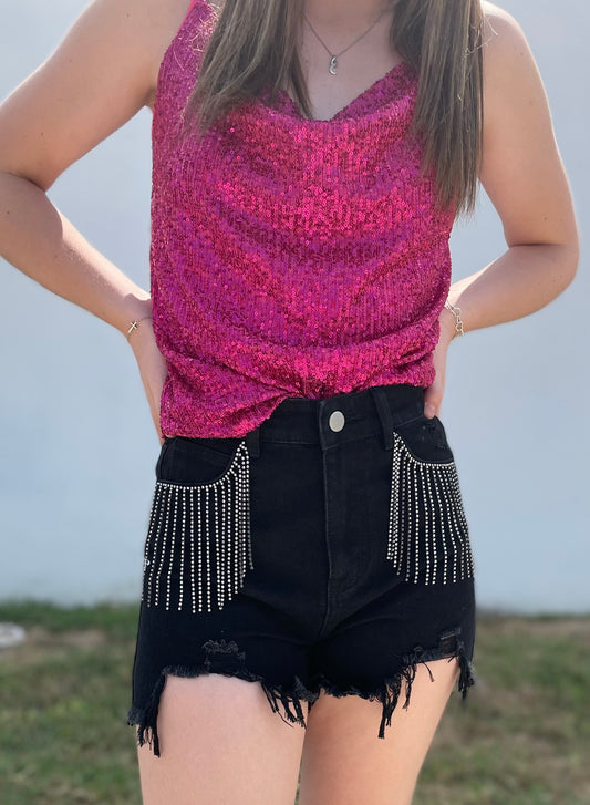 Black Rhinestone Fringe Shorts