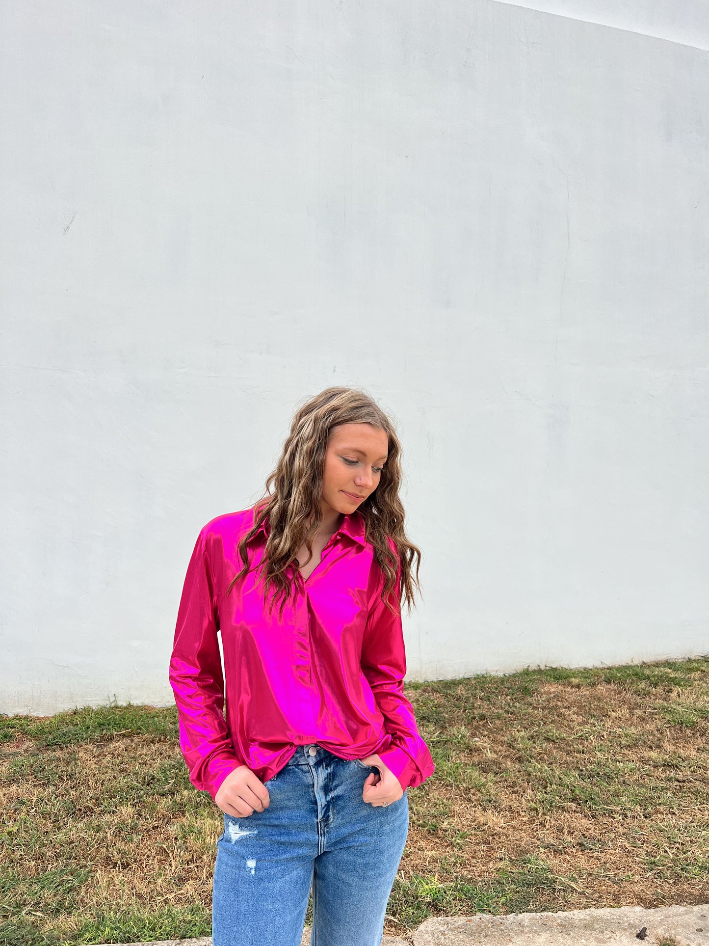 Barbie Buttonup Hot Pink Metallic Long Sleeve Blouse