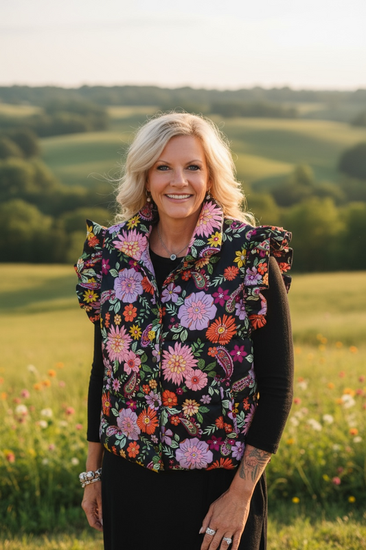 BLACK FLORAL PUFFY VEST