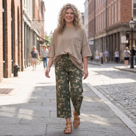 OLIVE VINTAGE FLORAL PRINT PANTS