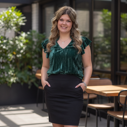 CHARMED VELVET EMERALD RUFFLE TOP