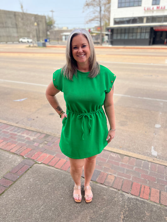 Kelly Green Ribbed Drawstring Dress