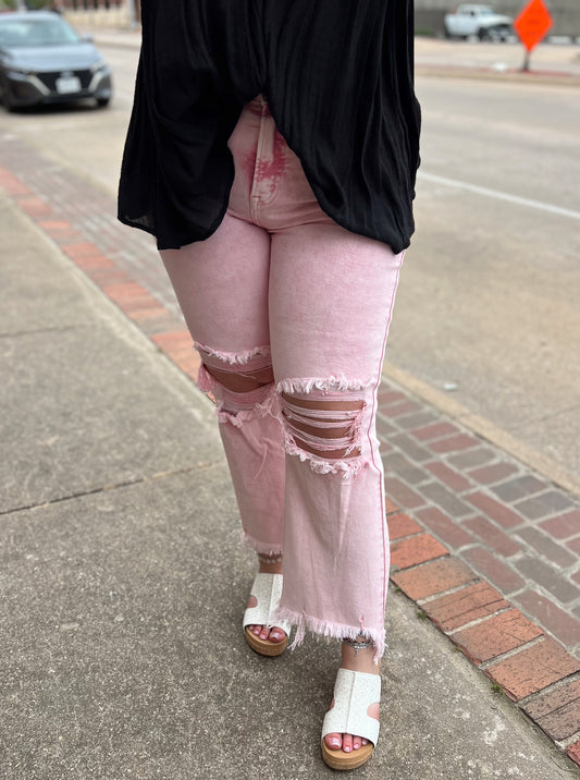 Peony Pink Washed Denim Cropped Jeans