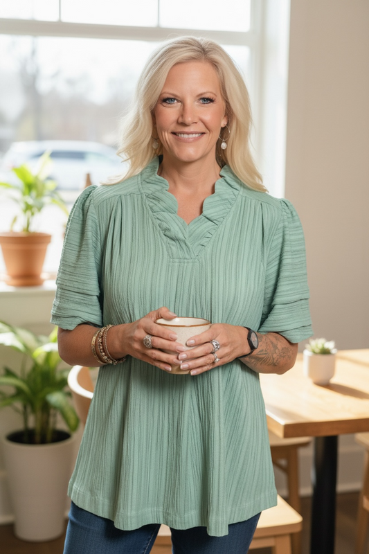 MINT SCALLOPED RUFFLE V-NECK TOP