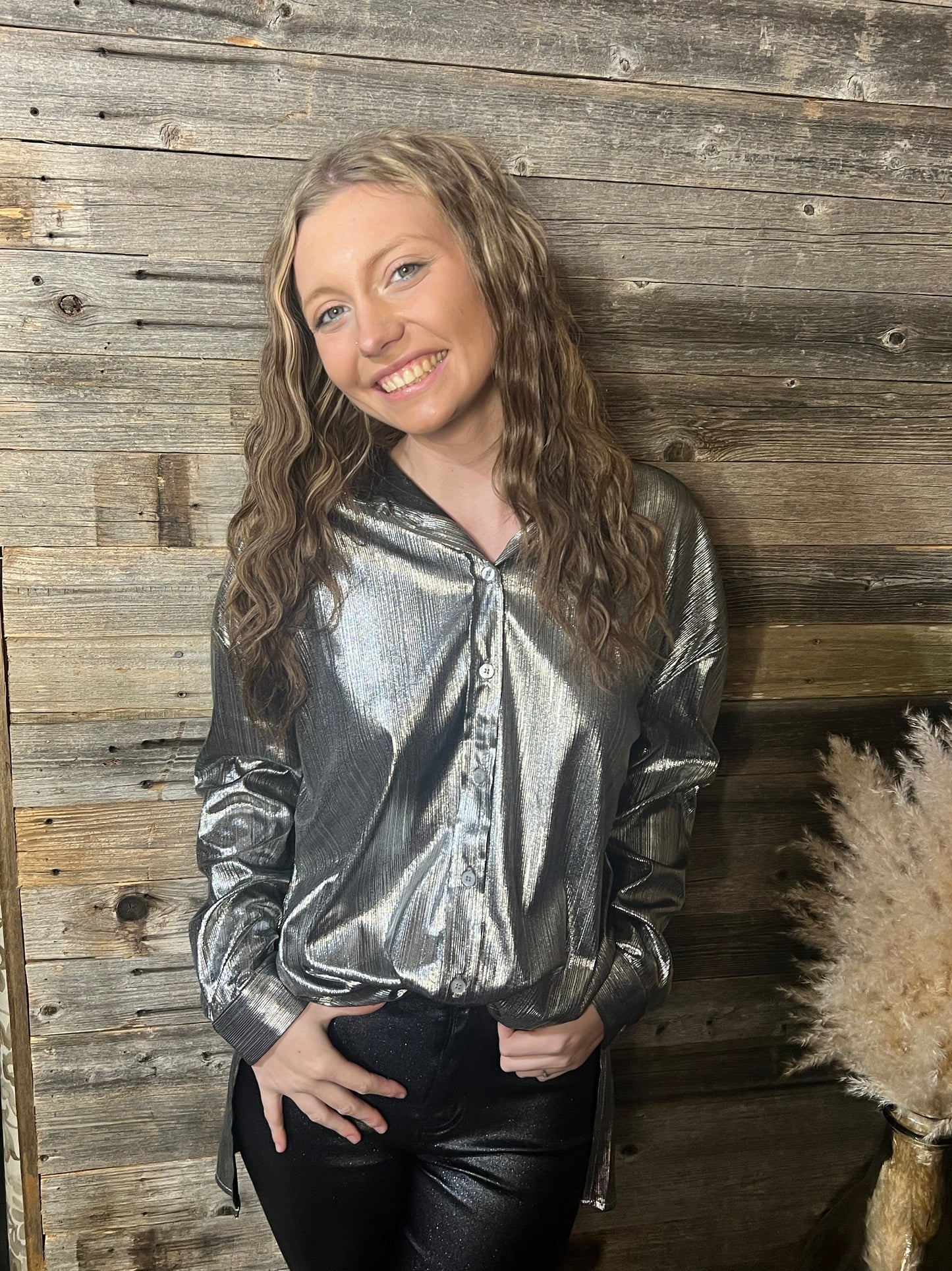 GUNMETAL METALLIC BUTTON UP TOP