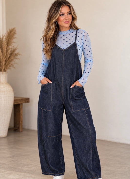 DENIM AND DOTS MESH TOP