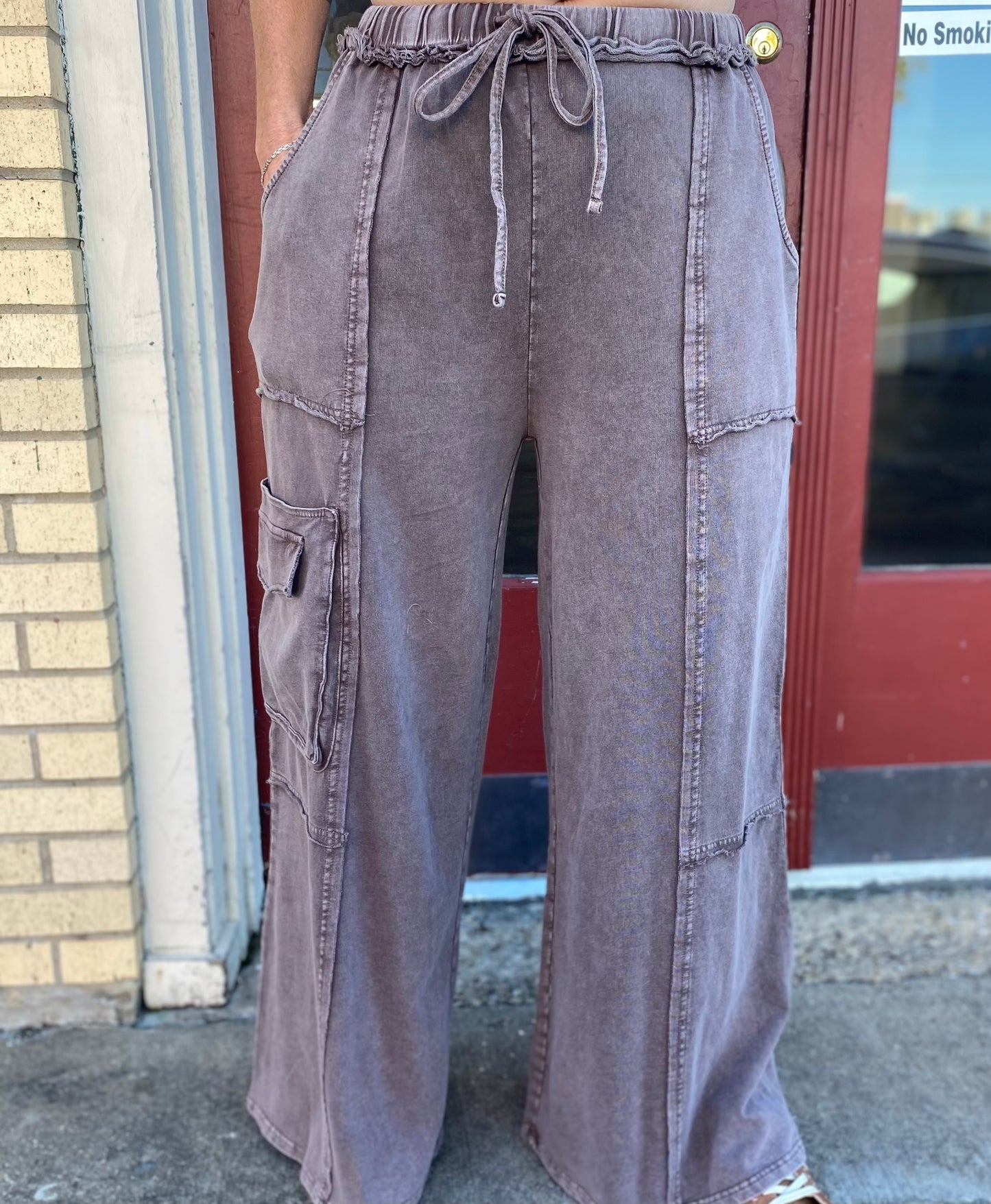 DARK MOCHA MINERAL WASH TERRY KNIT PANTS