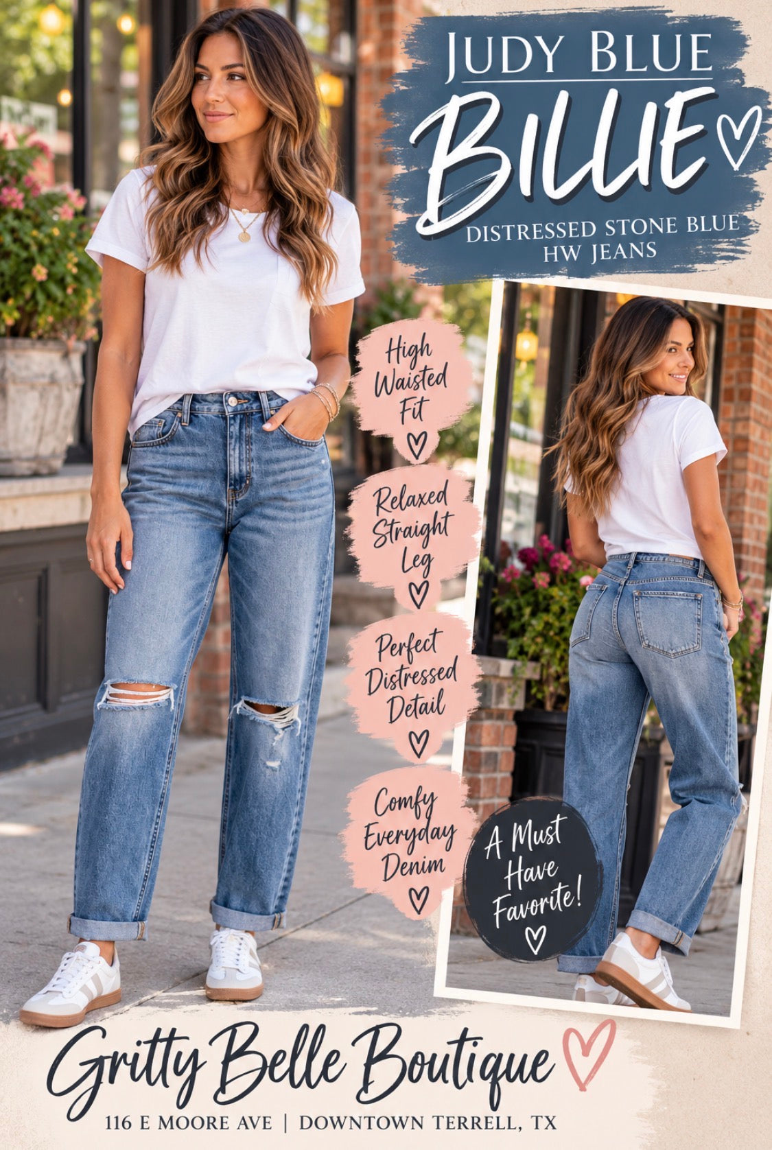 JUDY BLUE BILLIE DISTRESSED STONE BLUE HW JEANS