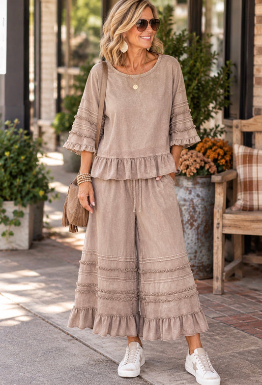 Mocha Me Crazy Ruffle Pants Of Set
