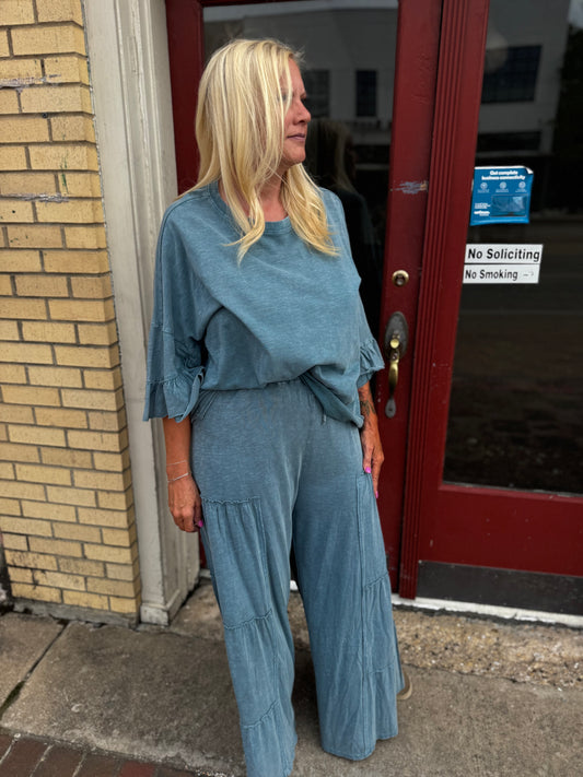 EVELYN TEAL RUFFLE PANTS