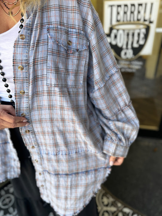 Boho Peri Blue Plaid Oversized Button Down