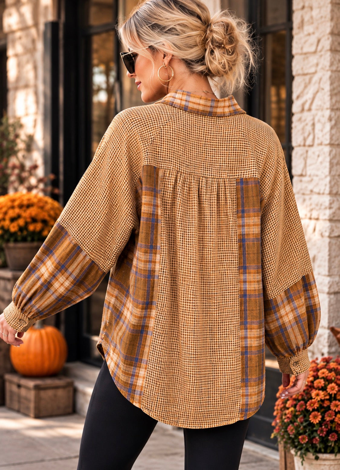 EASEL BROWN PLAID OVERSIZED BUTTONDOWN