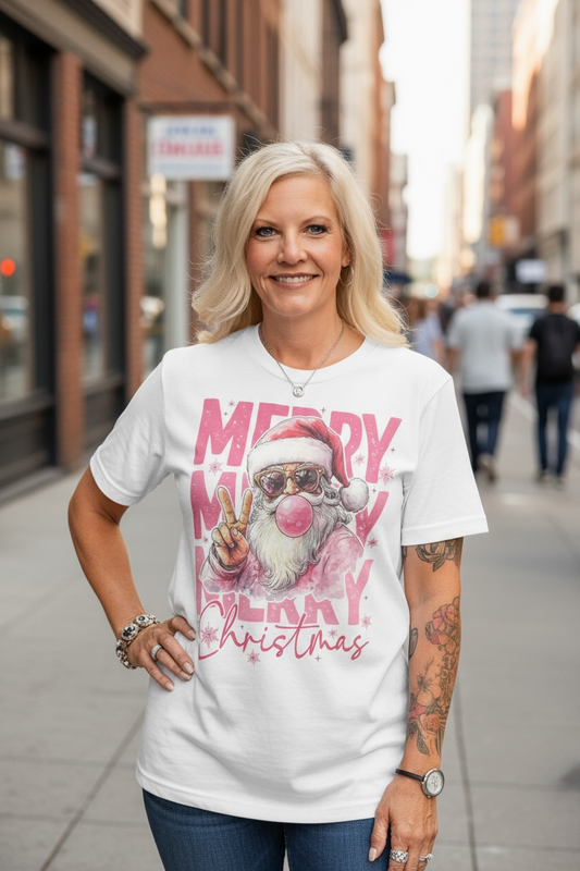 PINK SANTA MERRY CHRISTMAS BLING TEE