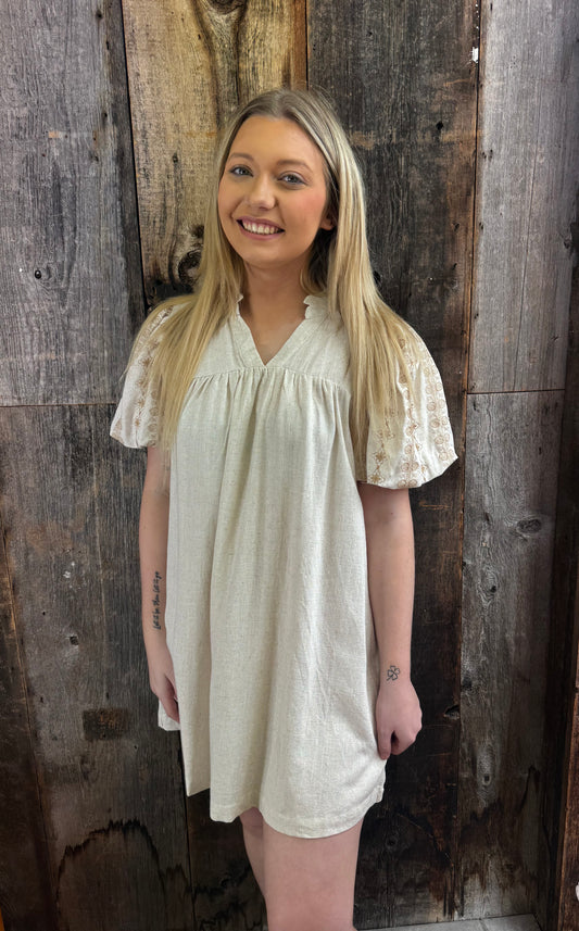 Oatmeal Linen Embroidered Sleeve Dress