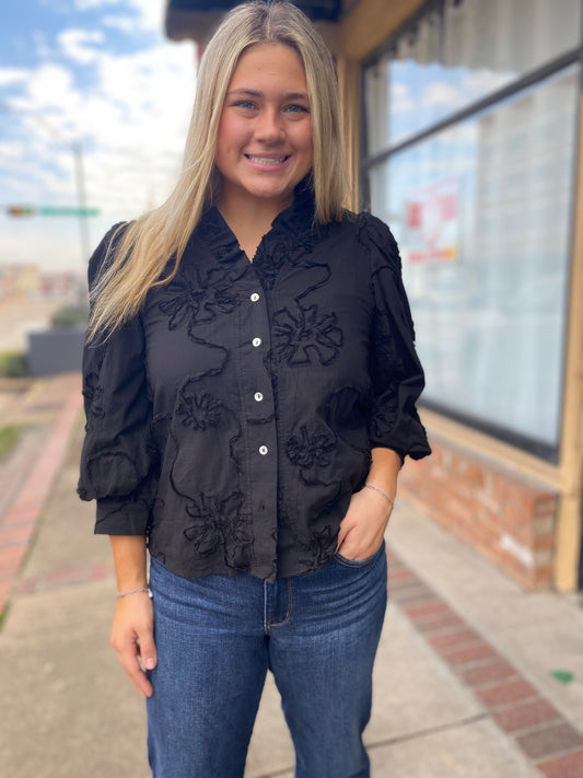 Black Button Up Black Flowers Top
