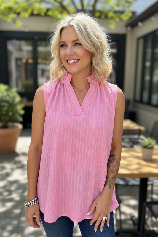 PEONY PINK SMOCKED V-NECK TOP
