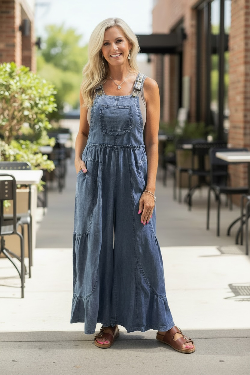 WIDE LEG WASHED DENIM OVERALLS
