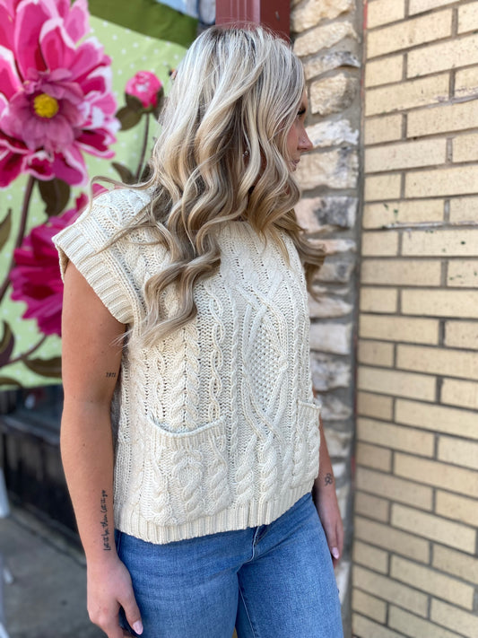 CAILEIGH CABLE KNIT SWEATER VEST - CREAM