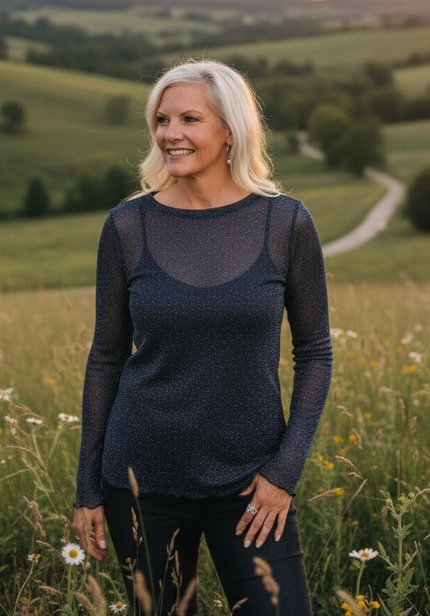 BLACK SILVER SHINE SHEER TOP