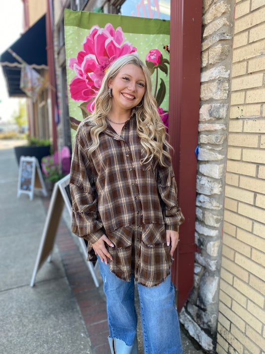 BOHO COFFEE PLAID OVERSIZED BUTTON DOWN