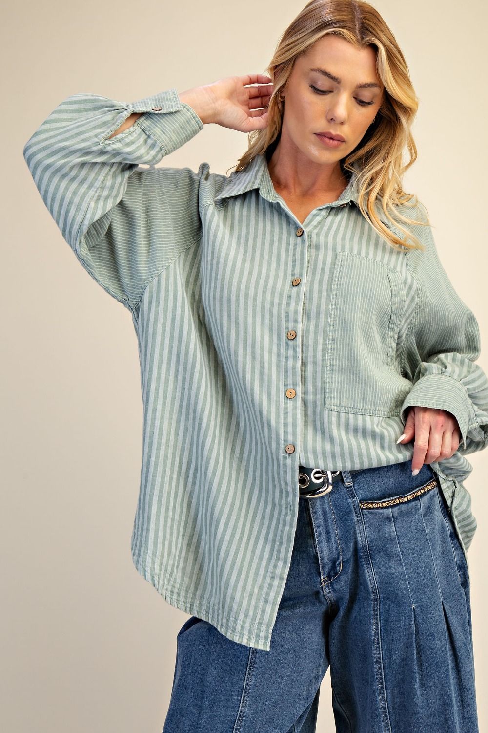 BOHO  SAGE GAUZE STRIPES TOP
