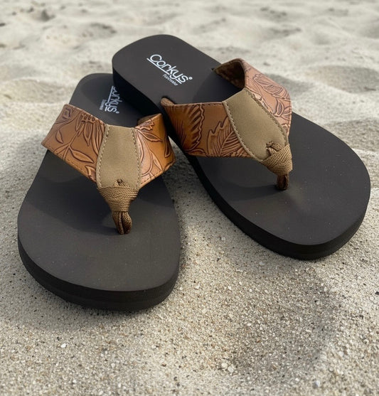 CORKYS SUMMER BREAK COGNAC FLOWER EMBOSS FIP FLOP