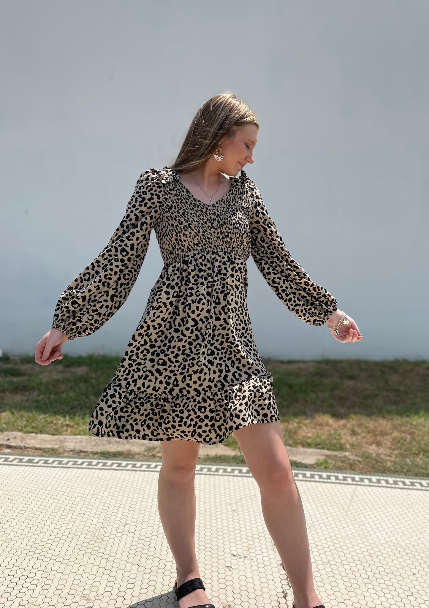 Ashley Leopard Smocked Long Sleeve Dress
