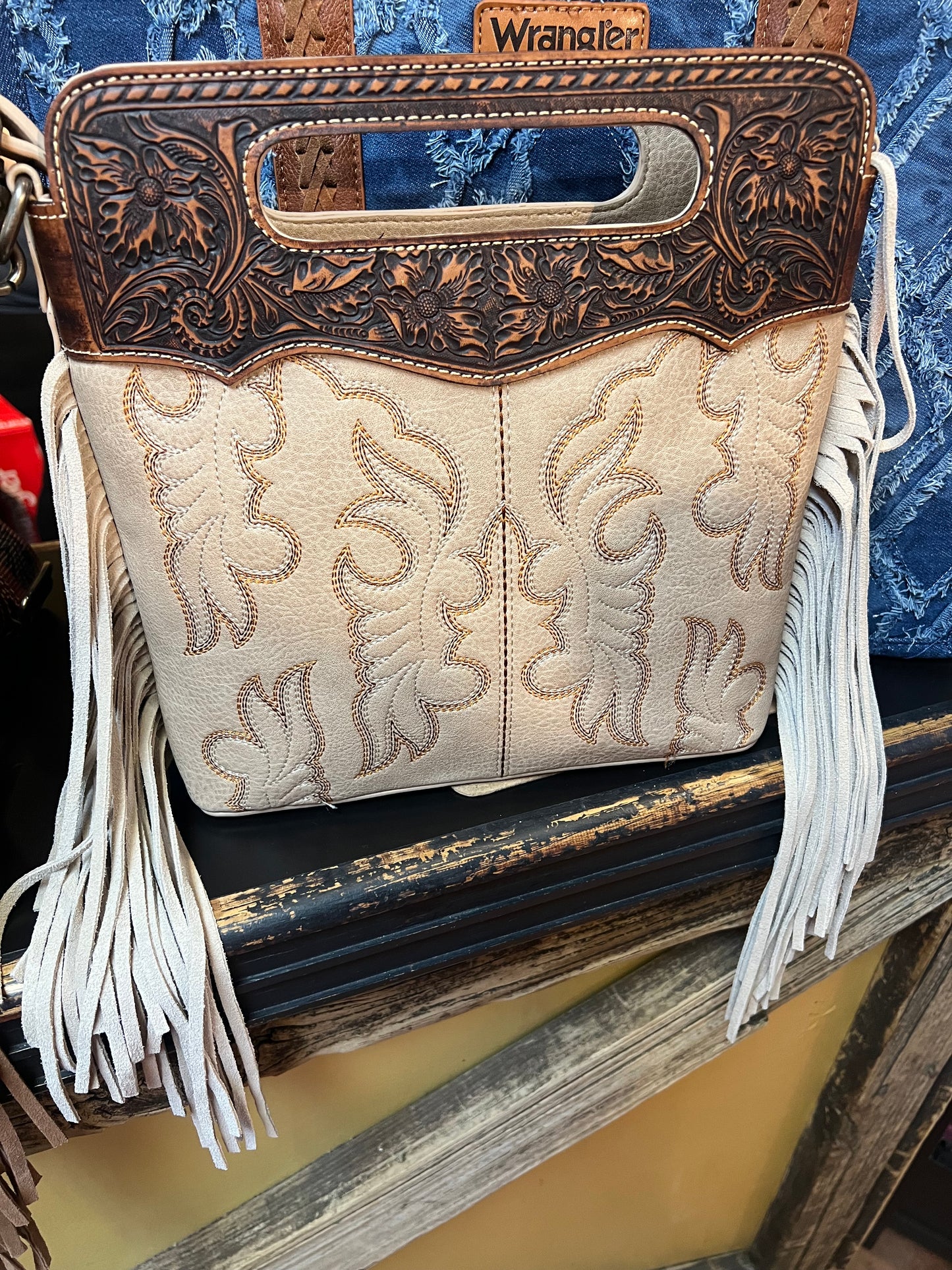 Wrangler Tooled Fringe Tan Large Purse