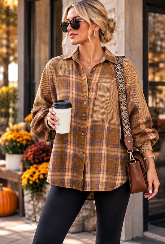 EASEL BROWN PLAID OVERSIZED BUTTONDOWN