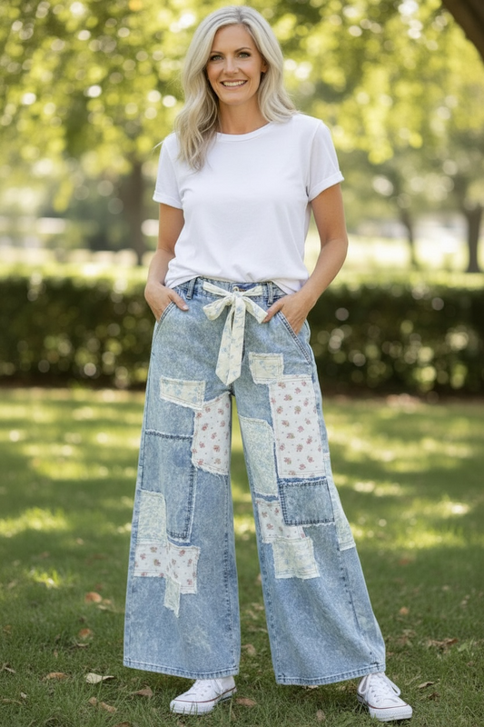 EASEL FLORAL DENIM PATCH PANTS