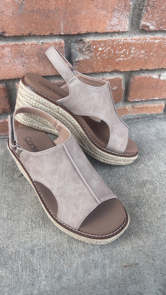 Corkys K Bye Taupe Wedges