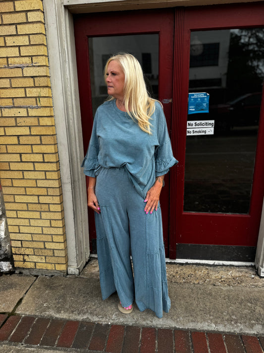 EVELYN TEAL RUFFLE PANTS