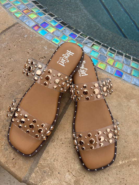 Corkys Magnet Clear Gold Sandals