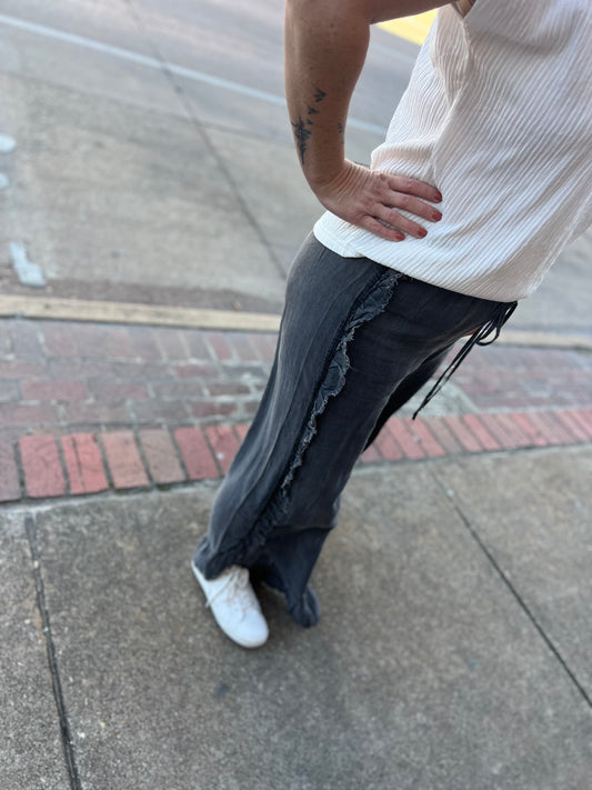 Black Mineral Washed Ruffle Pants