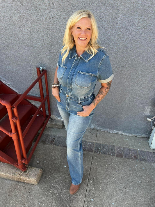 Judy Blue Let's Ride Denim Short Sleeve Jumpsuit