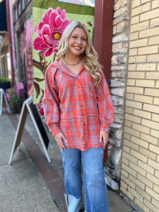 Boho Coral Plaid Oversized Button Down