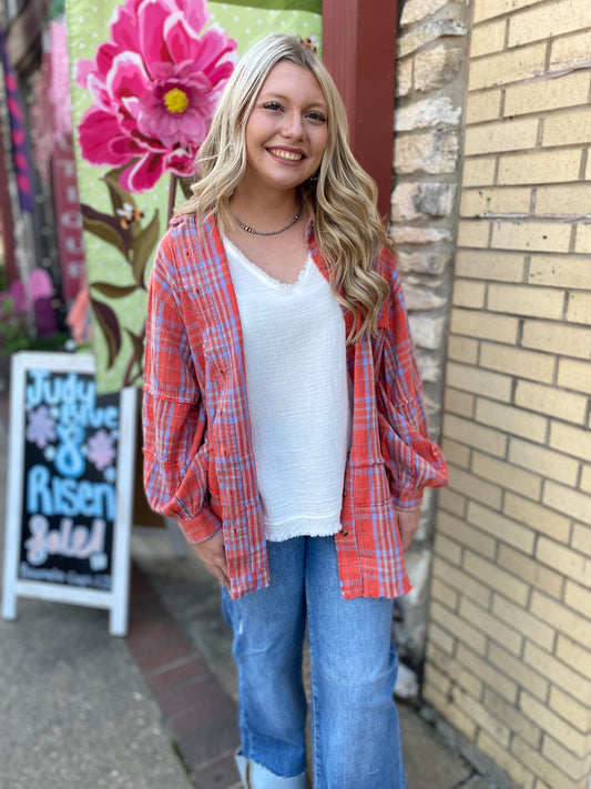 Boho Coral Plaid Oversized Button Down