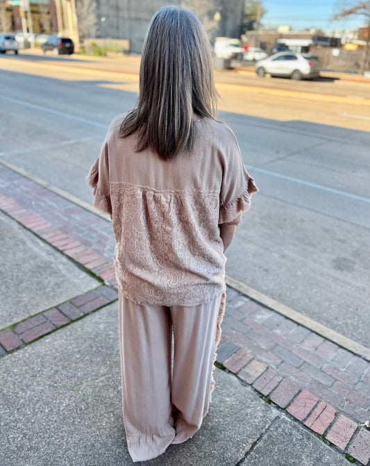 Khaki Linen Lace Back Top