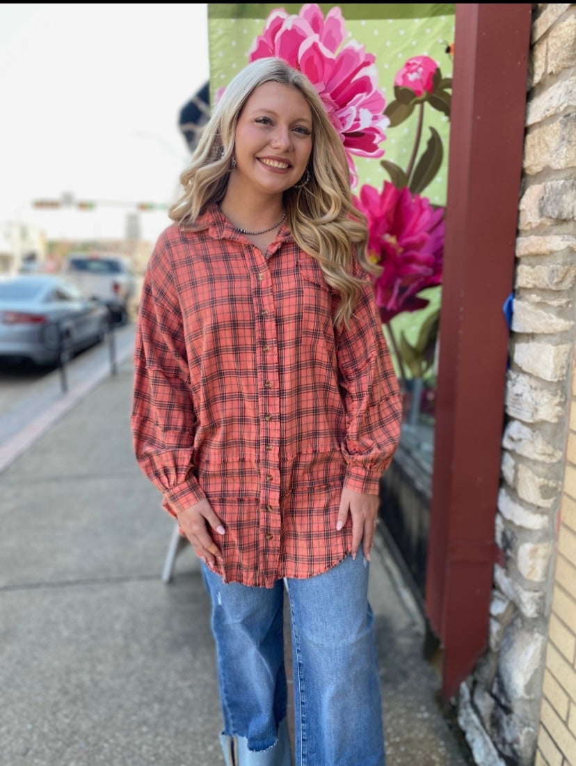 Boho Faded Red Plaid Oversized Button Up