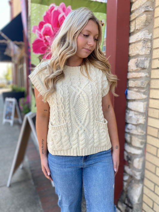 CAILEIGH CABLE KNIT SWEATER VEST - CREAM