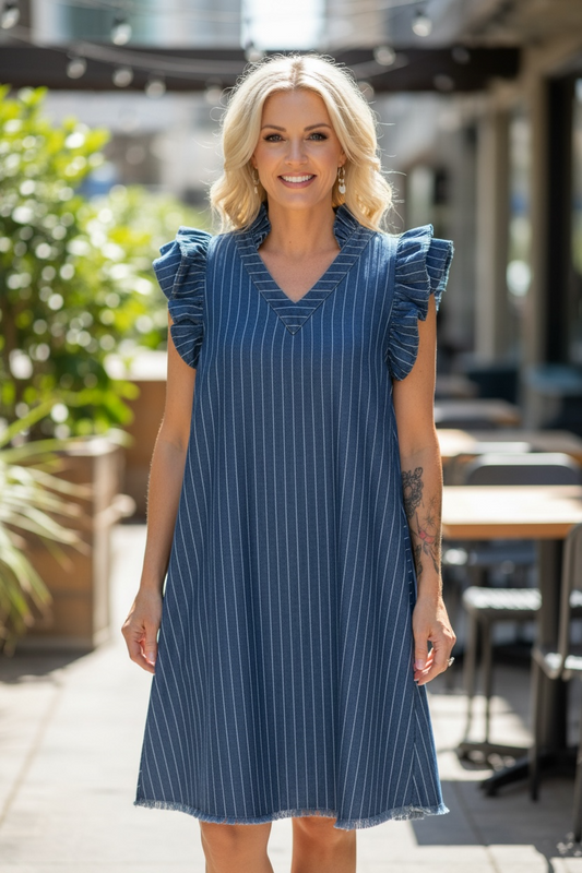 DENIM PENCIL STRIPE RUFFLE DRESS