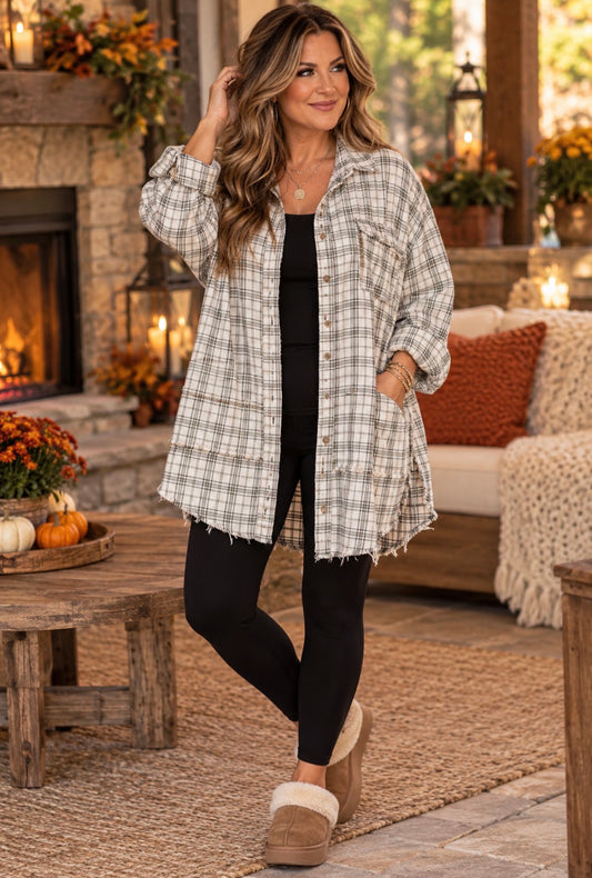 Boho Natural Plaid Oversized  Button Down